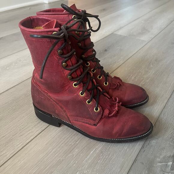 Justin Women's 5.5 'McKean' Lace Up Boots Red Leather Roper Western Boot Kiltie - Picture 8 of 8